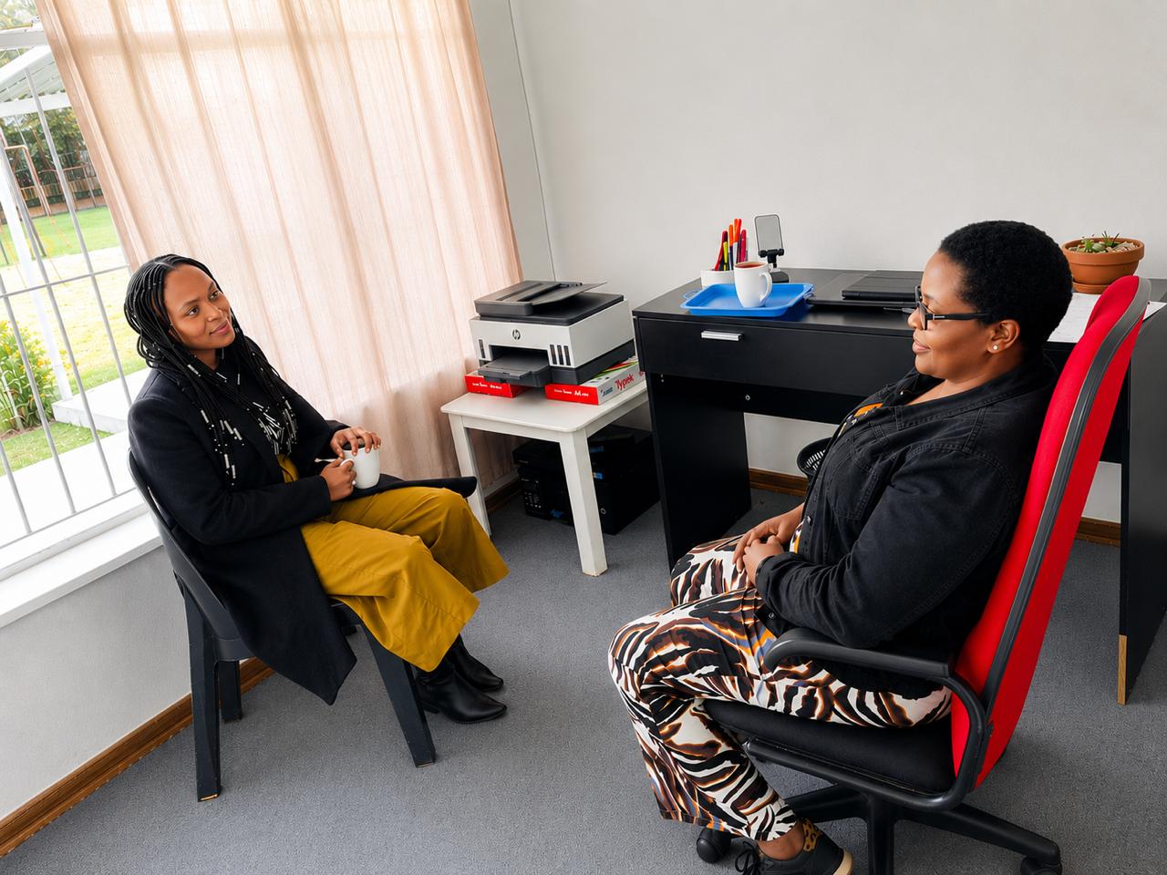 Two Happy Hearts staff members meeting over coffee in the school office